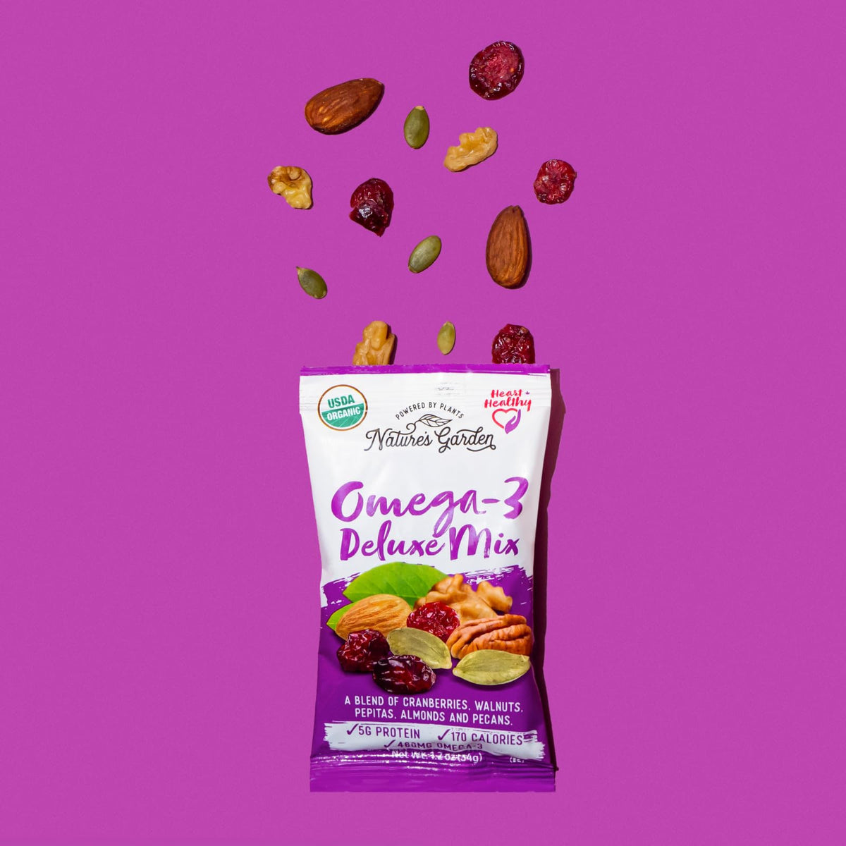 Nature's Garden Omega 3 Deluxe Mix – Trail Mix Nuts, Gluten Free, 1.2 oz Bags (24 Servings)