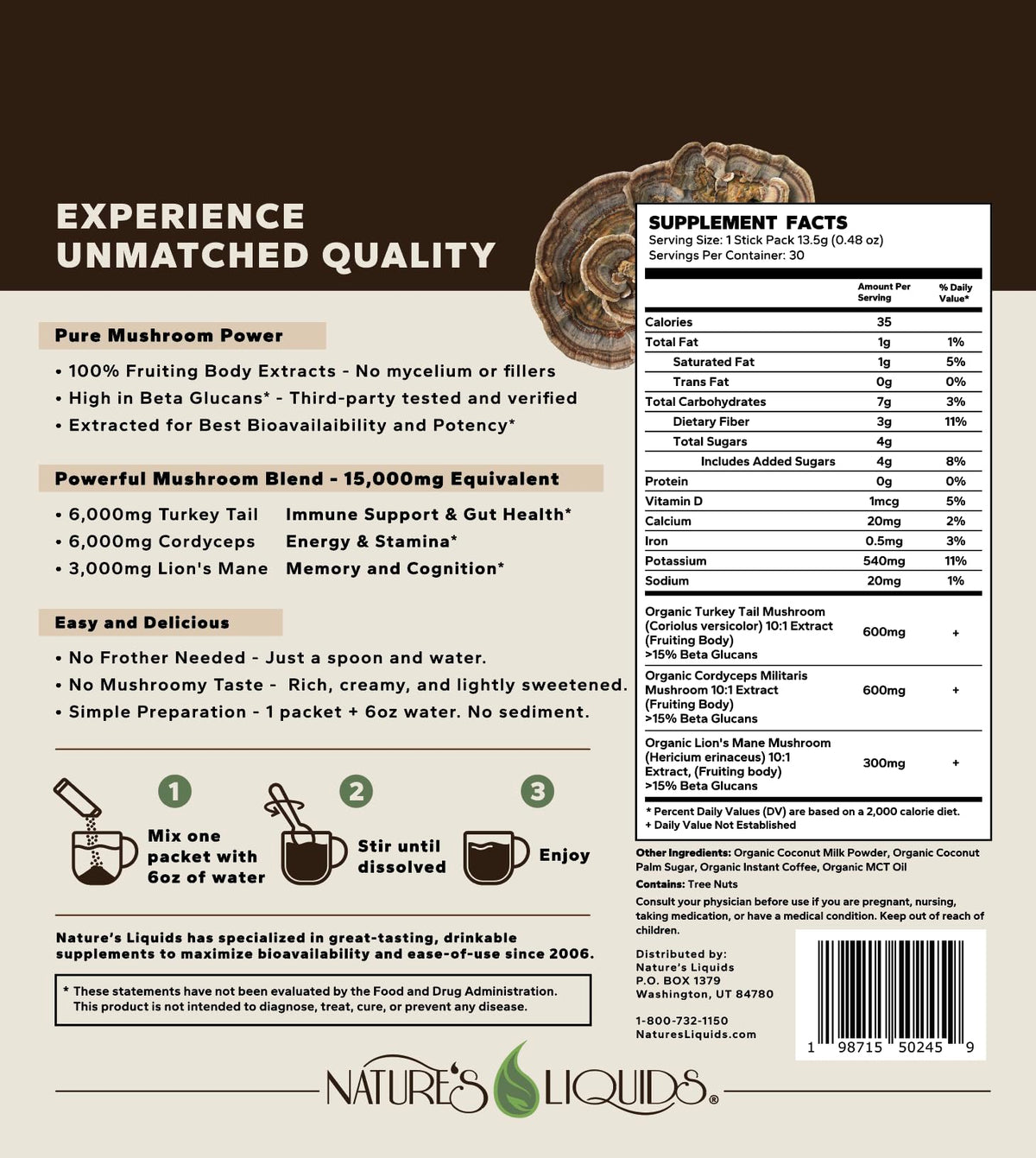 Nature's Liquids Ultimate Mushroom Coffee Latte – 15,000mg Fruiting-Body Extracts, Lion’s Mane, Cordyceps & Turkey Tail | 30 Sticks