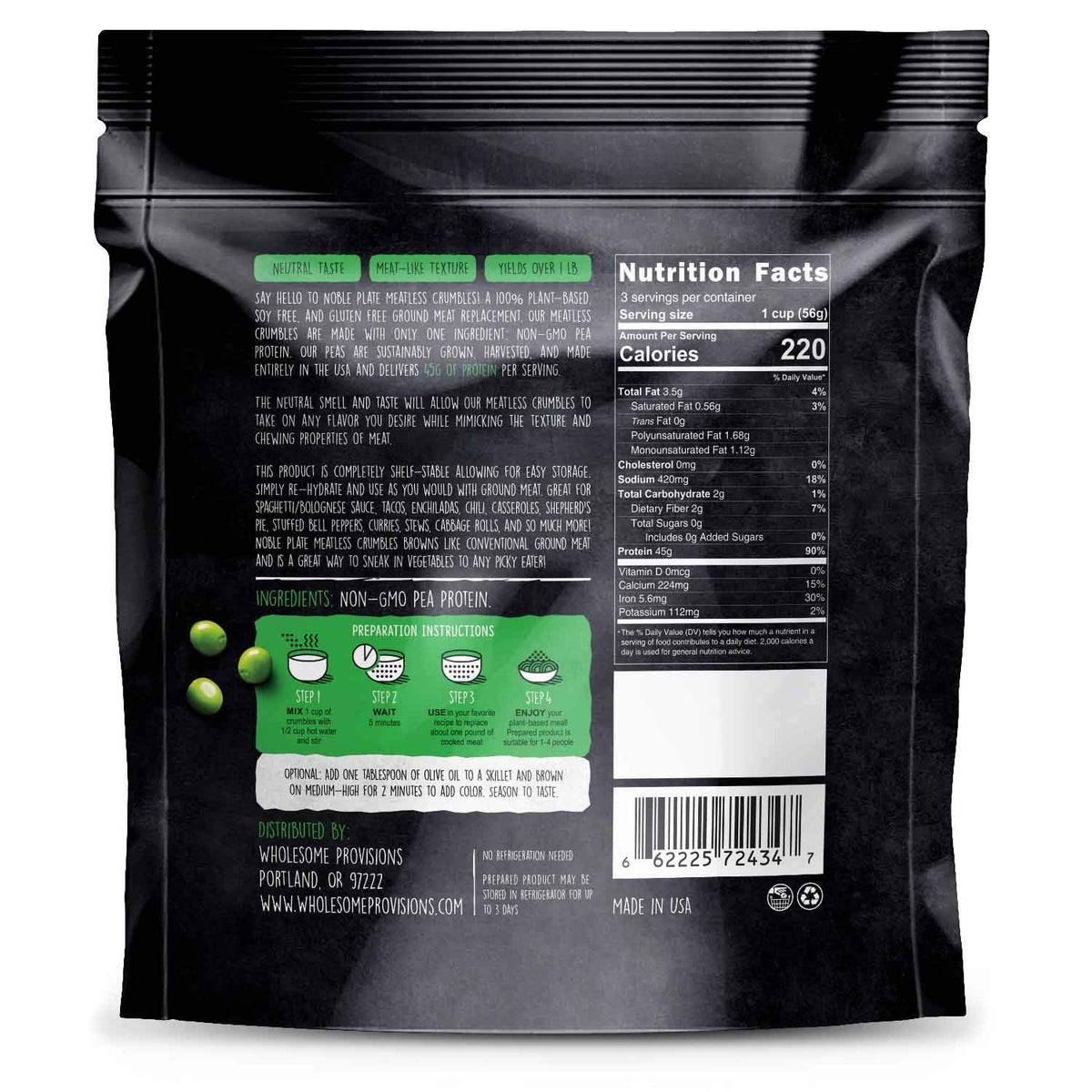 Noble Plate Meatless Crumbles – Soy Free Plant-Based Protein, 45g per Serving, 0g Net Carbs, 170g (3-Pack)