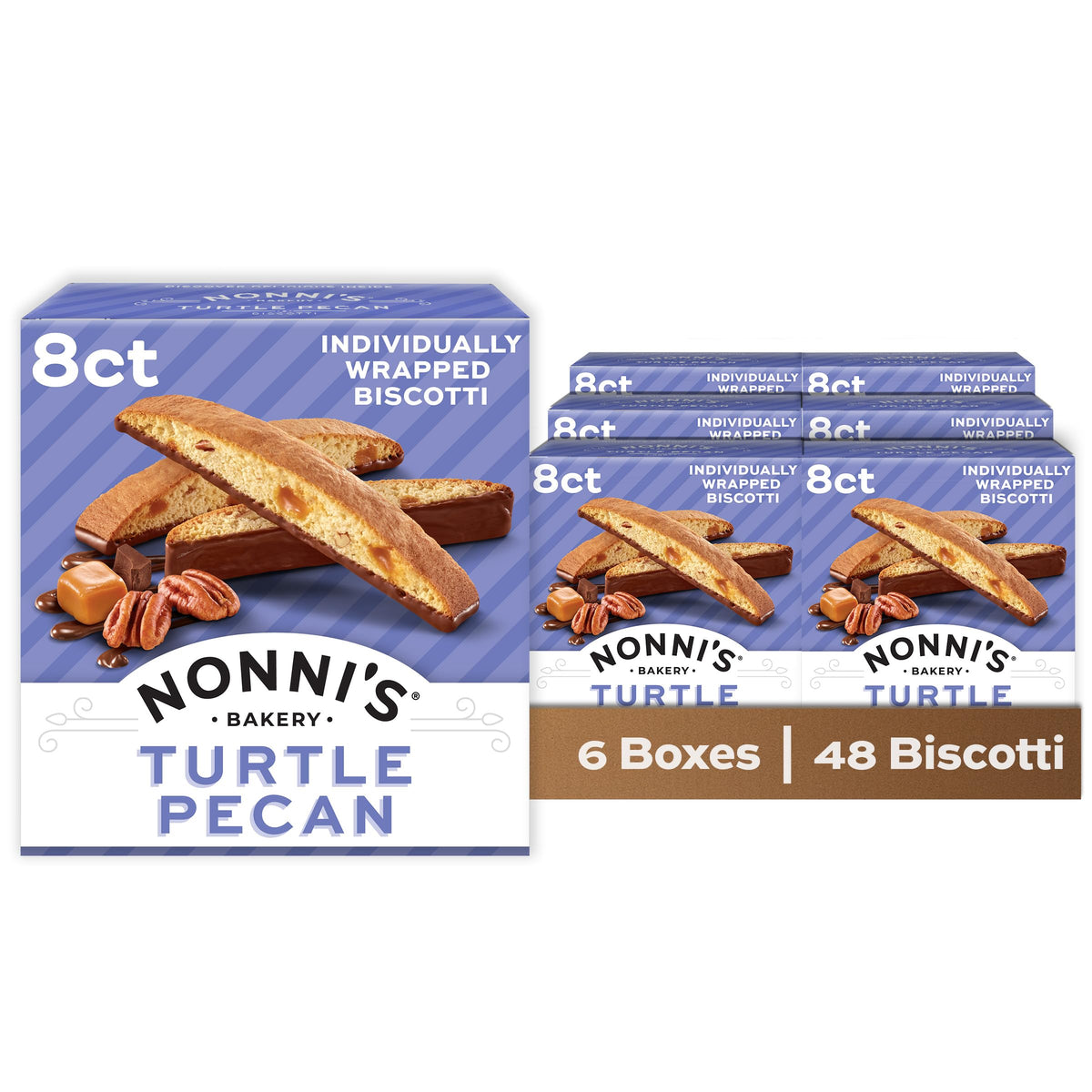 Nonni's Biscotti Turtle Pecan – Milk Chocolate-Dipped, All Natural, 6.88 oz Boxes (Pack of 6)