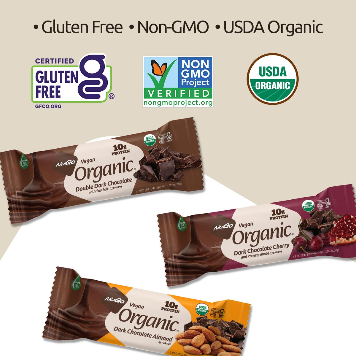 NuGo Organic Double Dark Chocolate Protein Bar – 10g Vegan, Gluten Free, 24 Count