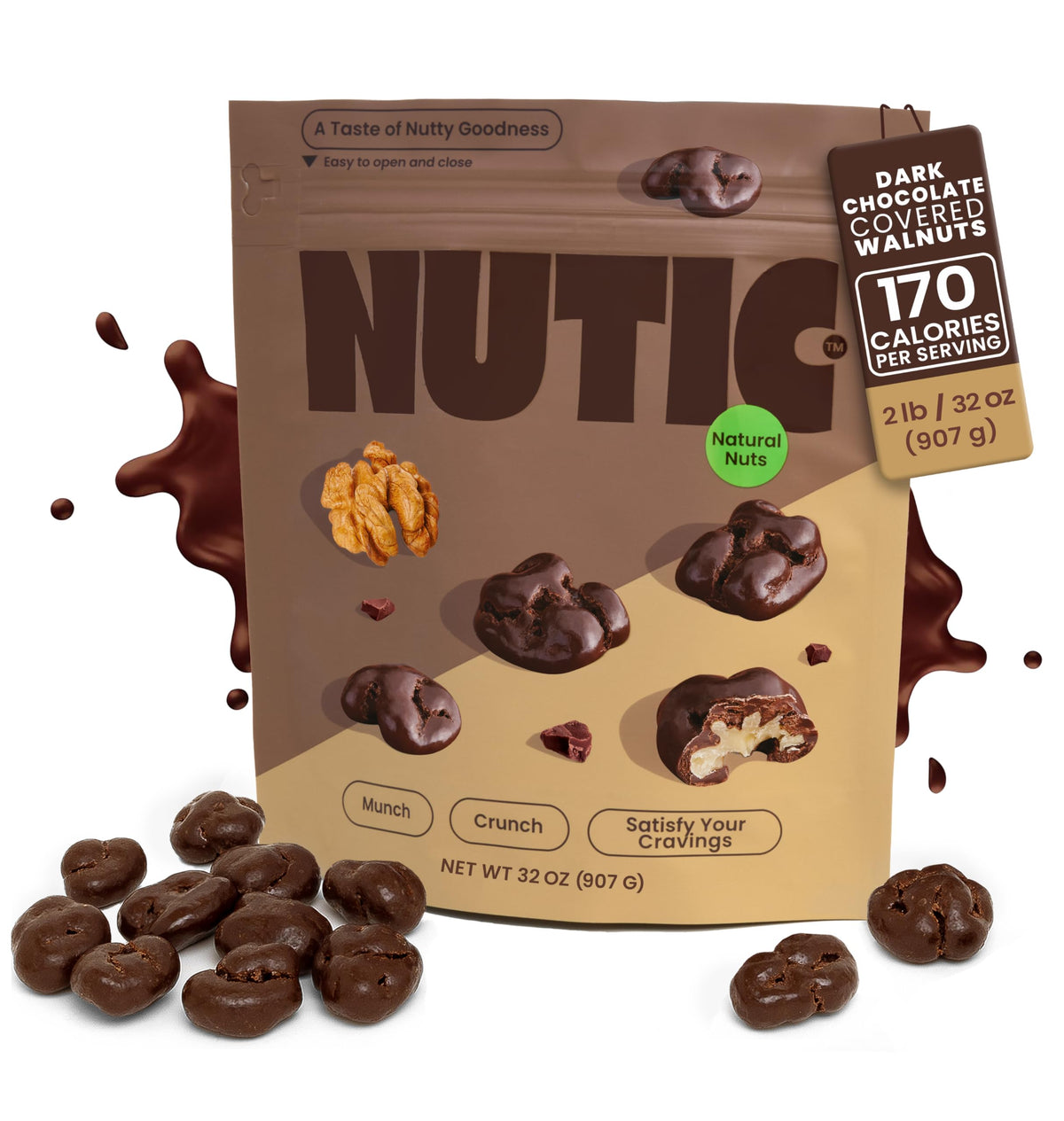 Nutic Dark Chocolate Covered Walnuts - 2 lb Premium Roasted Walnuts in Rich Dark Chocolate | Made in USA