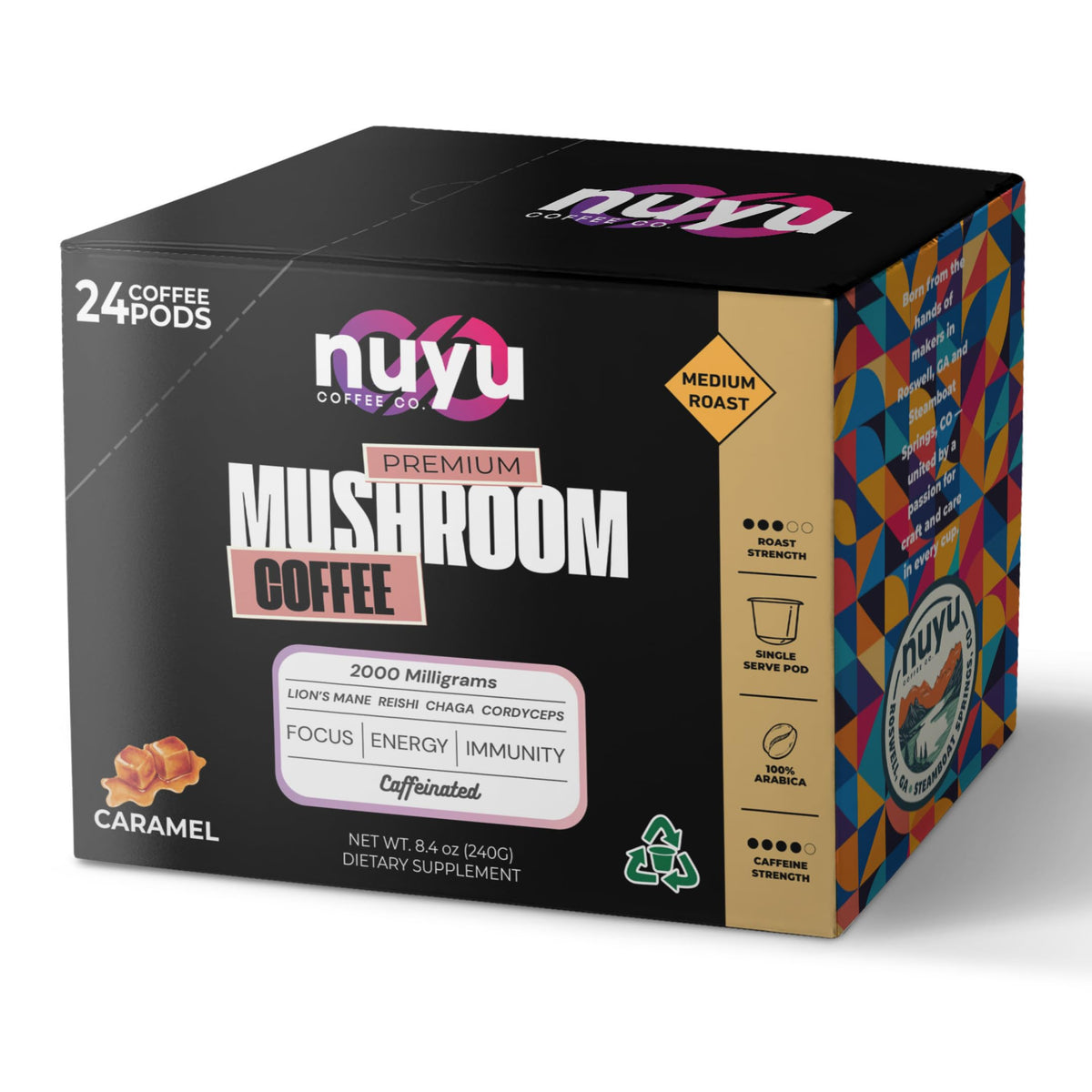 Nuyu Mushroom Coffee Pods – 2000mg Mushroom Blend per Pod, 100% Arabica Caramel K-Cups (Lion’s Mane, Reishi, Chaga, Cordyceps) – 24 ct