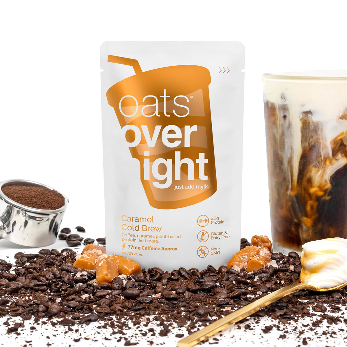 Oats Overnight Caramel Cold Brew - Vegan 20g Protein, High Fiber Breakfast Shake, 65mg Caffeine, Gluten Free (8 Pack)