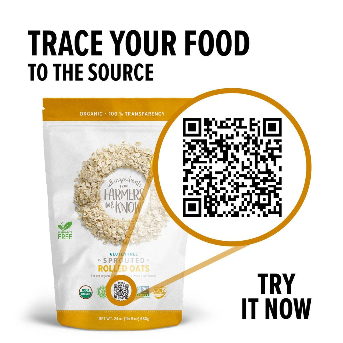One Degree Organic Foods Sprouted Rolled Oats – Gluten Free, Non-GMO, Glyphosate-Free (4 x 24 oz)