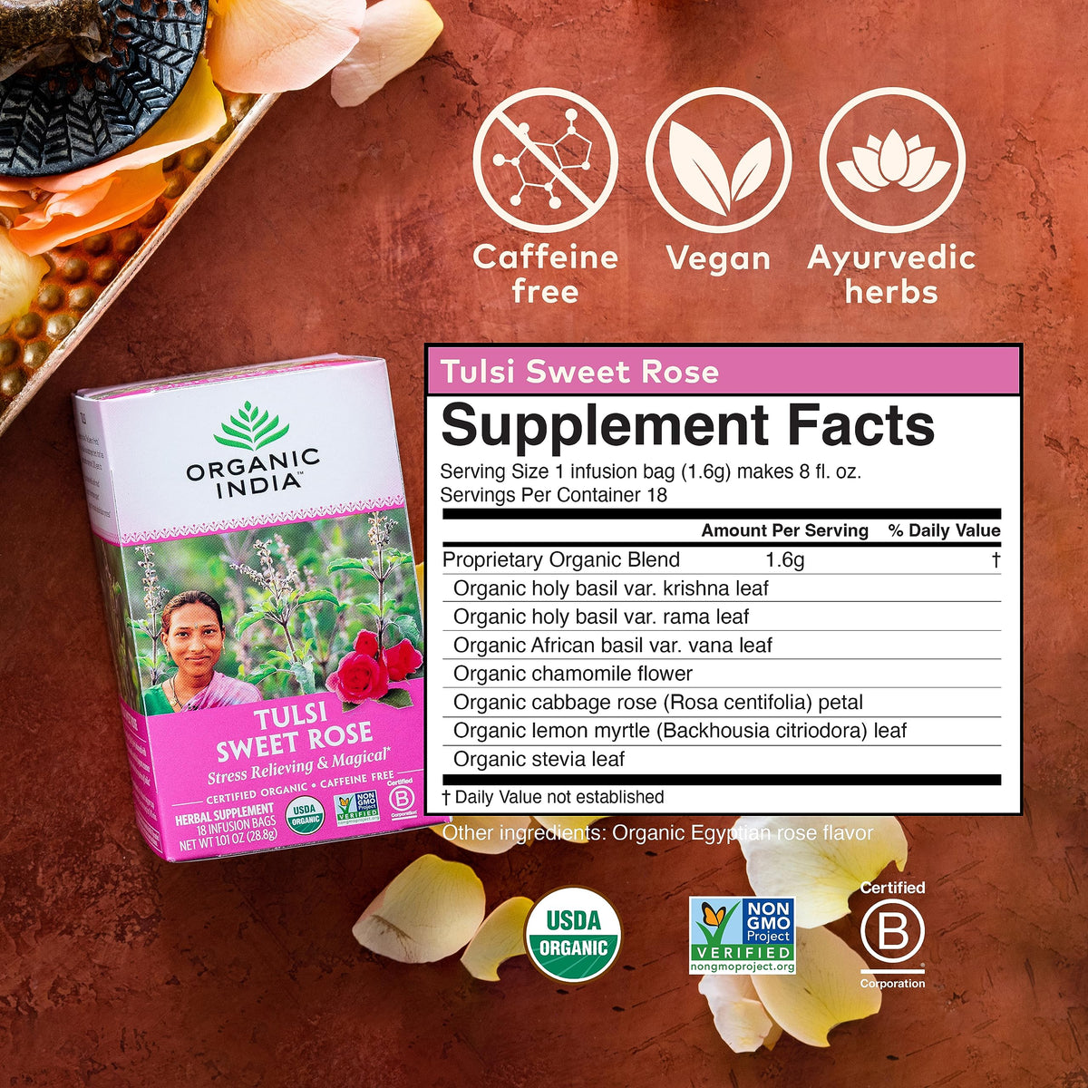 Organic India Tulsi Sweet Rose Herbal Tea – Caffeine-Free Tulsi Blend with Rose & Chamomile, USDA Organic, 18 Infusion Bags (6 Pack)