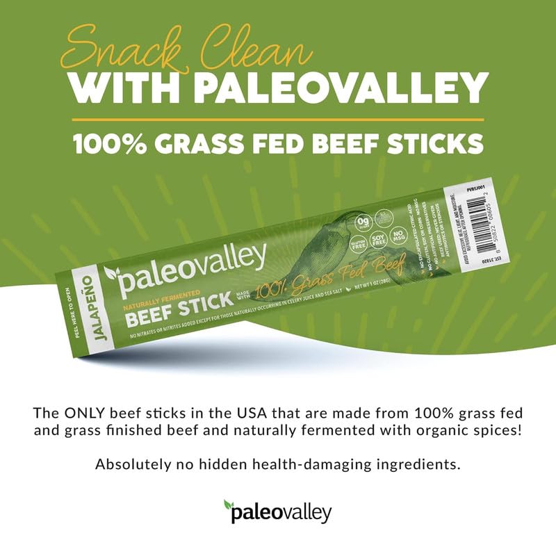 Paleovalley 100% Grass Fed Jalapeno Beef Sticks – Gluten Free, High Protein Keto Snack