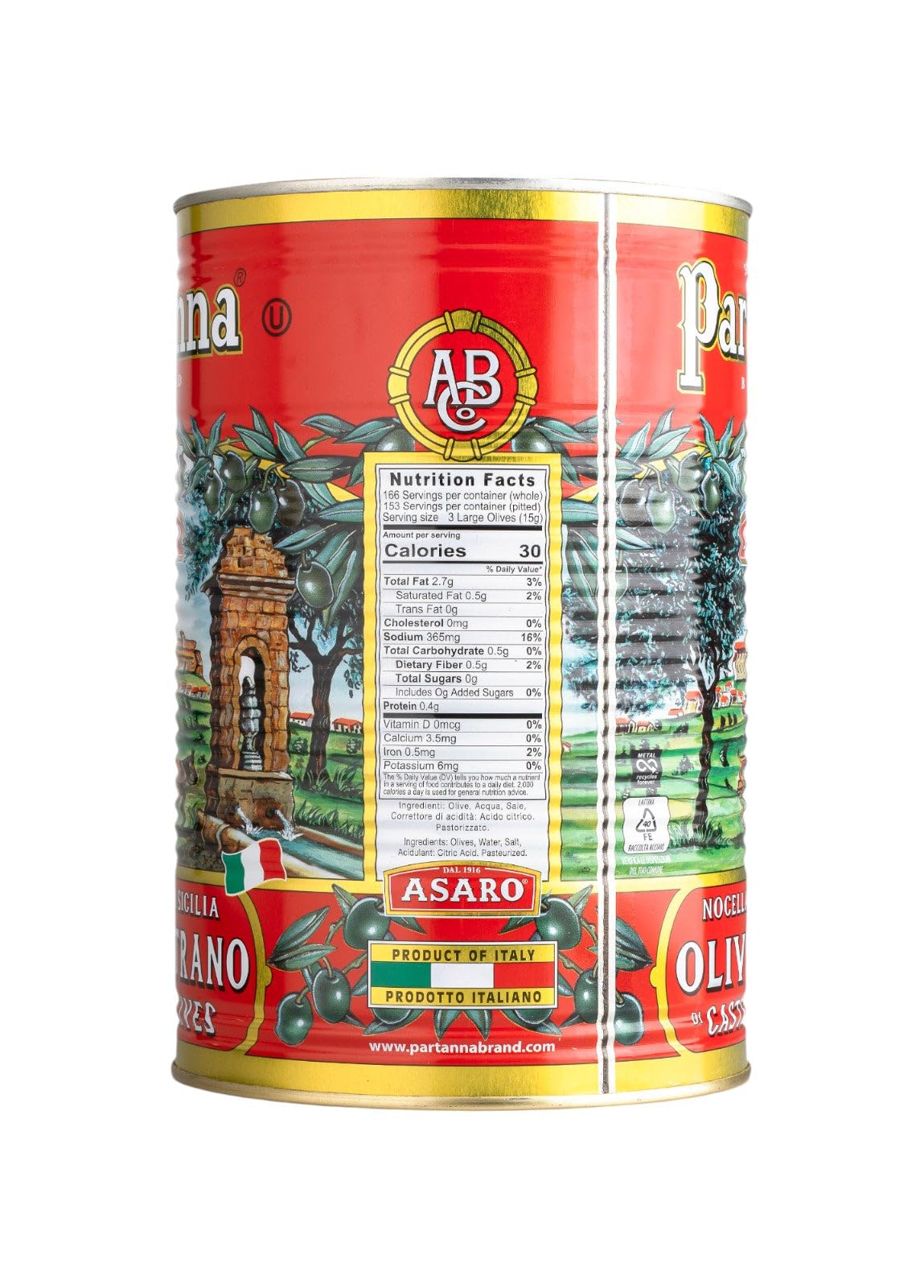 Partanna Pitted Castelvetrano Olives - Authentic Sicilian Green Olives, Product of Italy, 144 oz Can