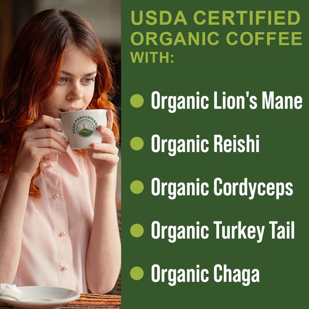 Peak Performance Organic Mushroom Coffee Pods – Lion's Mane, Reishi, Cordyceps, Turkey Tail & Chaga (High Altitude Guatemala, Low Acid)