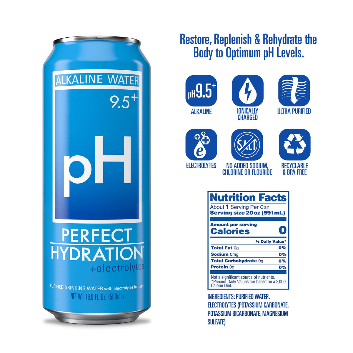Perfect Hydration 9.5+ pH Alkaline Water | 9x Purified, Electrolyte Minerals | 16.9 oz Aluminum Cans | Pack of 24 | Made in USA