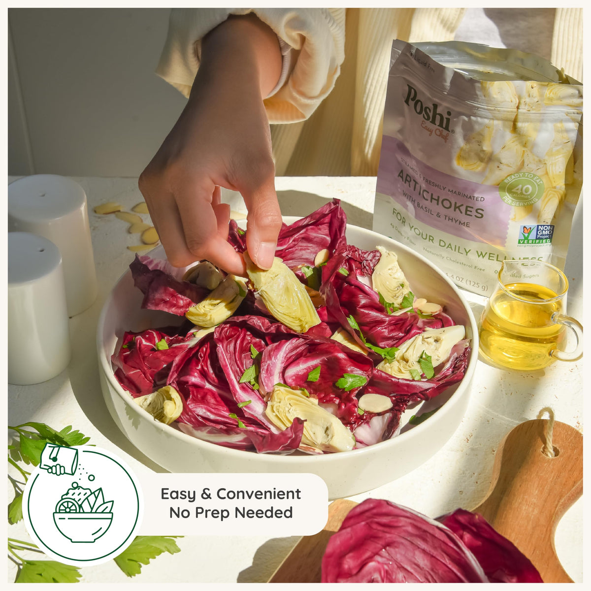 POSHI Marinated Artichoke Hearts with Basil & Thyme – Ready-to-Eat, Low Carb, Vegan, Gluten Free, 4.4 oz, 6 Pack
