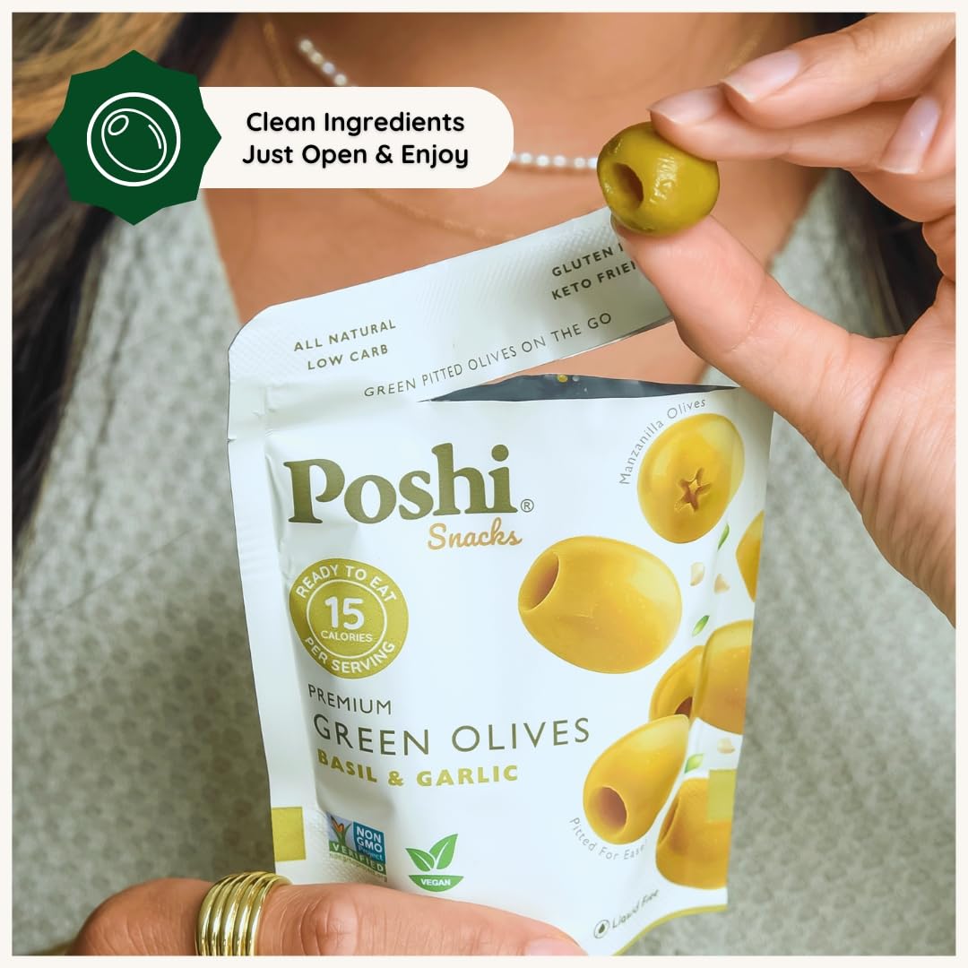 POSHI Green Pitted Olives - Basil & Garlic | Vegan, Gluten-Free, Keto-Friendly Snack Pack (30 x 1.1oz)