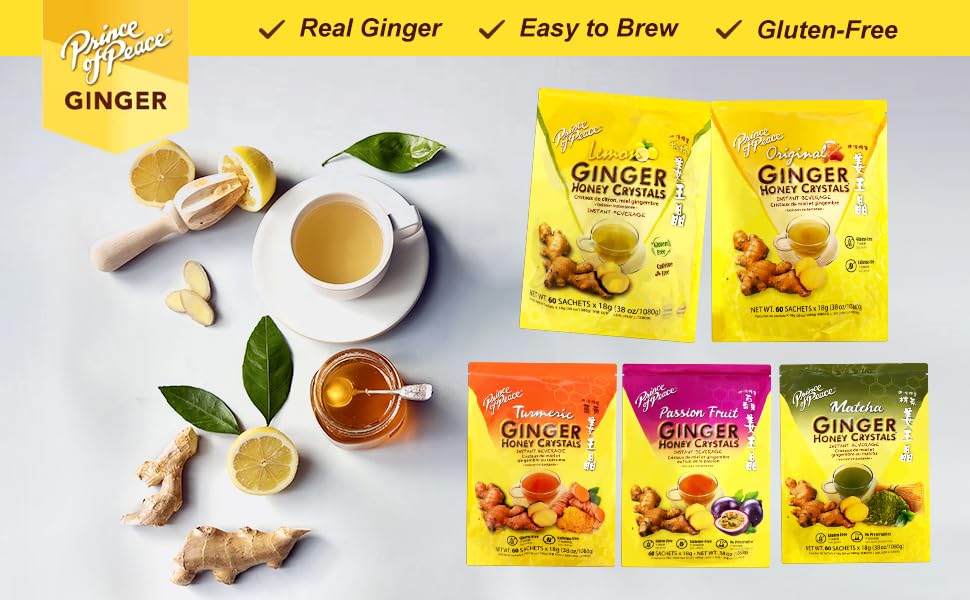 Prince Of Peace Instant Ginger Honey Crystals with Lemon – 60 Sachets (Gluten Free, Caffeine Free)