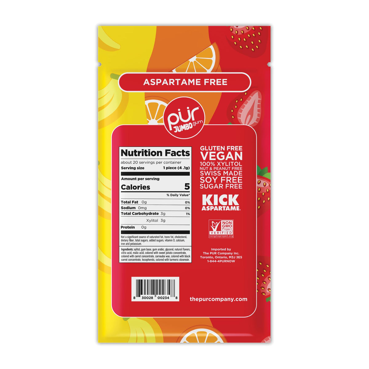 PUR Jumbo Gum – Aspartame Free, 100% Xylitol, Strawberry/Banana/Orange, 20 Pieces (Pack of 10)