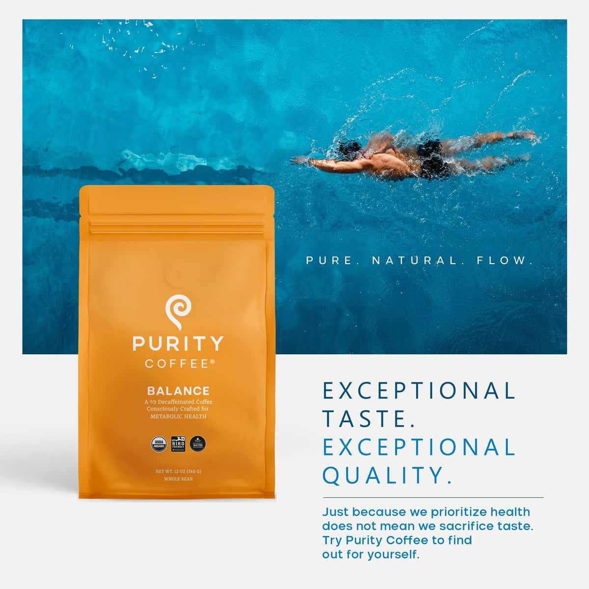 Purity Coffee BALANCE 2/3 Decaf Medium Roast Whole Bean (12oz) | Organic Mountain Water Decaf + Arabica Blend