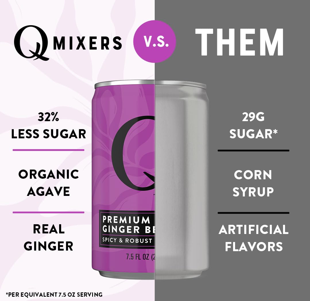 Q GINGER BEER with Real Ginger & Organic Agave — 80 Calories per 7.5oz Can (Pack of 24) | Ideal for Cocktails & Mocktails