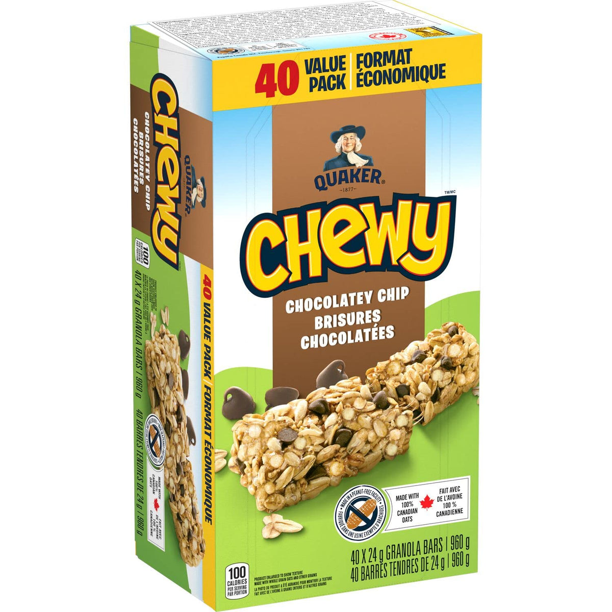 Quaker Chewy Chocolate Chip Granola Bars, 960 g / 33.9 oz (40 Count) Imported from Canada