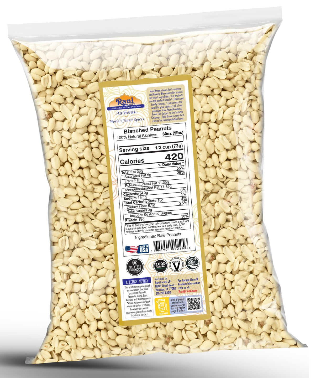 Rani Brand Skinless Blanched Peanuts — 80oz Bulk (5 lbs) USA