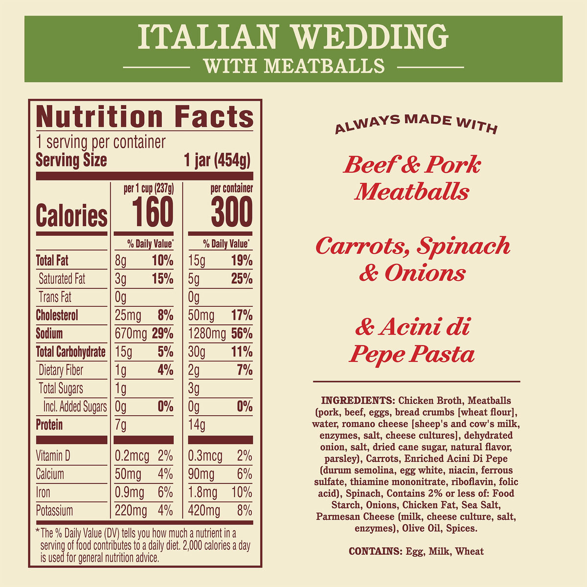 Rao's Homemade Italian Wedding Soup — 16oz Jars, Pack of 6 | Hearty Chicken Broth with Meatballs & Spinach