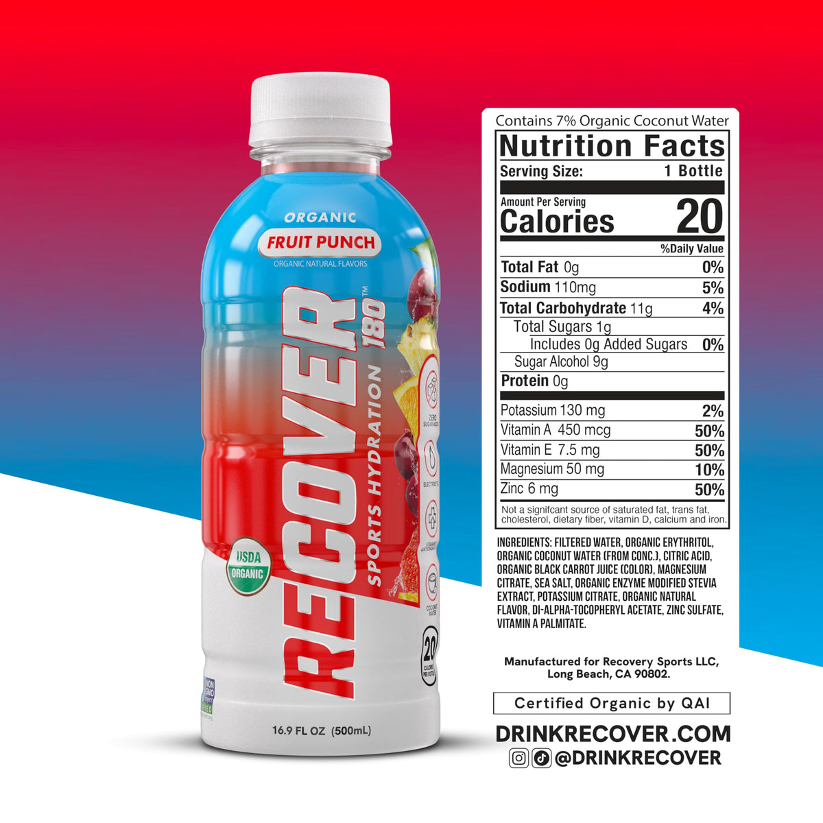 RECOVER 180 Organic Sports Hydration Drink – No Sugar Added, 20 Cal, Potassium Electrolytes (16.9 oz x12, Variety Pack)