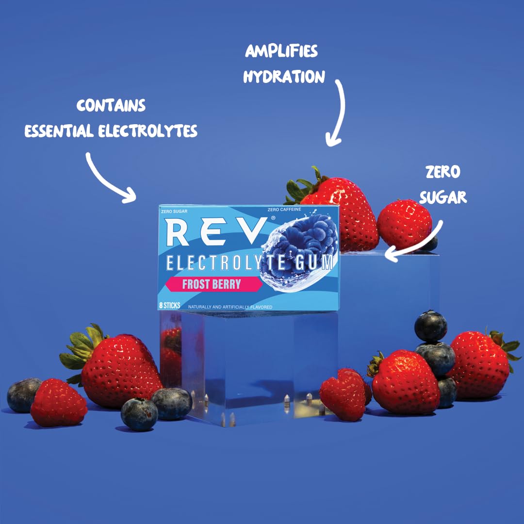 REV Electrolyte Gum Frost Berry – Sugar-Free, 12 Pack (96 Sticks)
