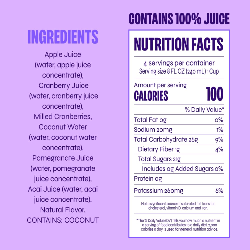 REVL FRUITS Berry Wild 100% Juice – No Added Sugar, Cranberry Pomegranate Acai | Six 32 oz Cartons