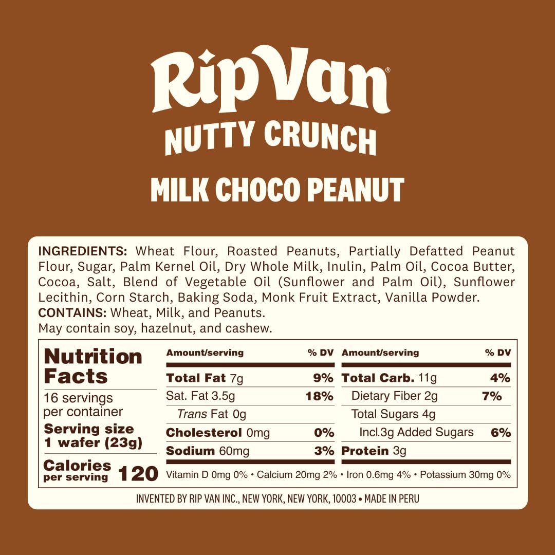 Rip Van Nutty Crunch Milk Chocolate Peanut Butter Wafer – Crispy Snack, Low Sugar, 120 Calories, Individually Wrapped (16 Count)
