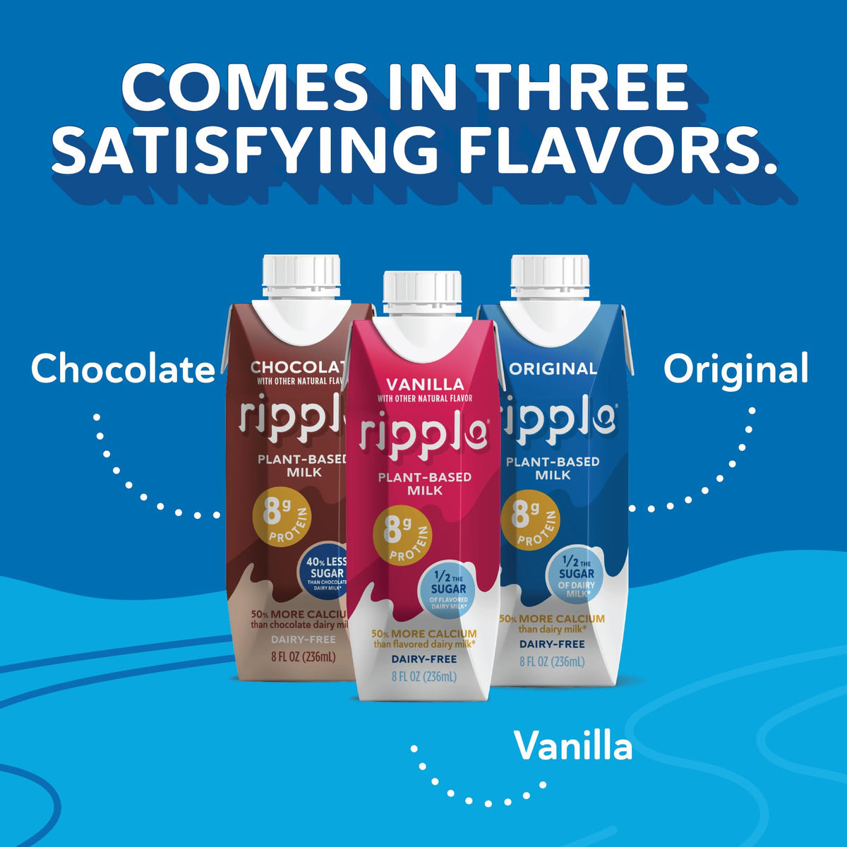 Ripple Original Plant Based Milk – 8g Protein, Calcium Rich, Shelf-Stable (12 Pack)