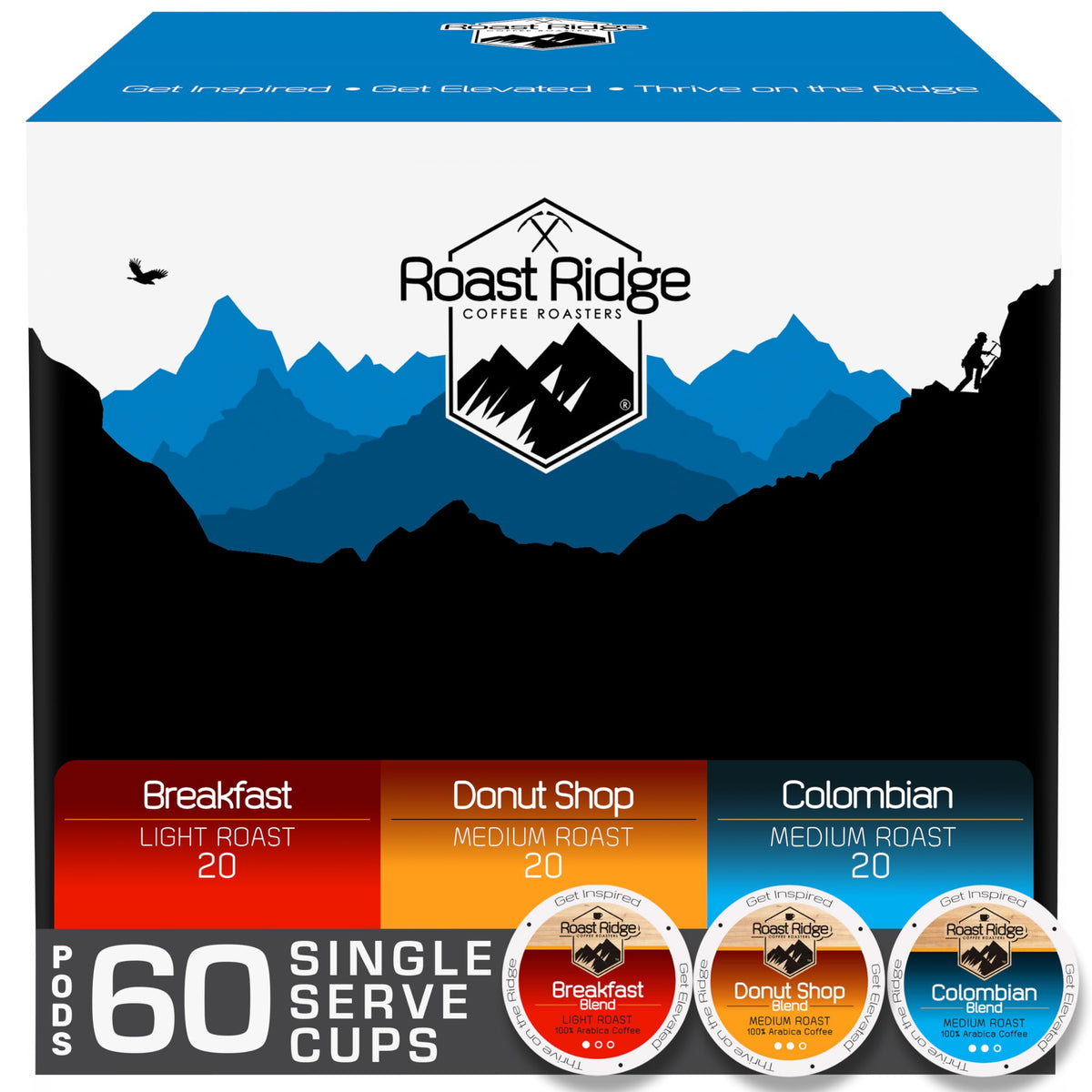 Roast Ridge Keurig K-Cup Pods – 60-Count Variety Pack (Breakfast, Donut Shop, Colombian) | Medium/Light Roasts