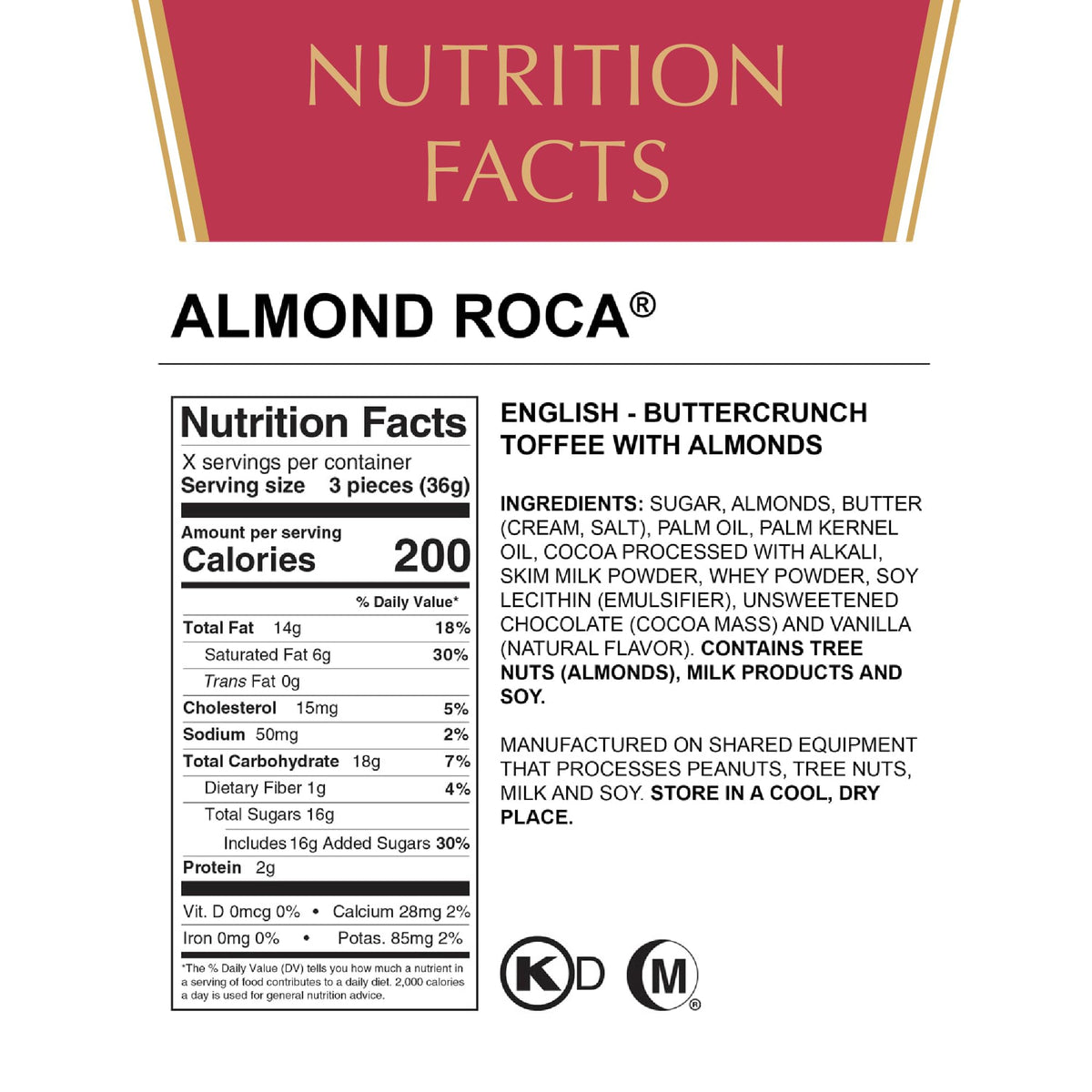 Roca Almond Buttercrunch Toffee Canister – Original Almonds, 42oz, Gluten Free & Kosher, Individually Wrapped