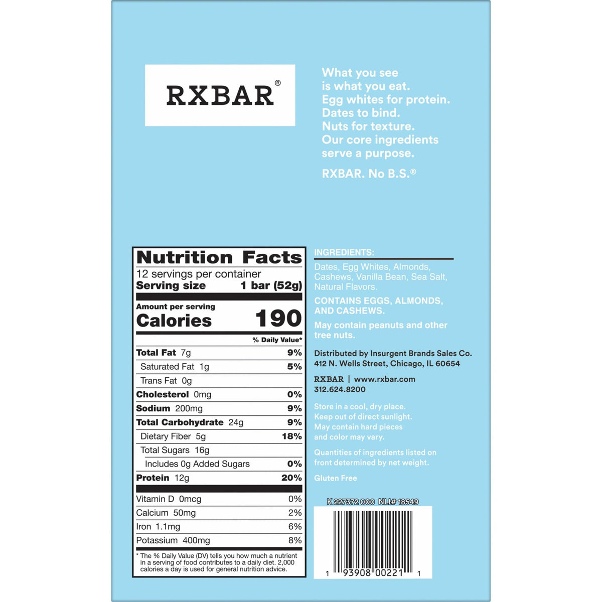 RXBAR Vanilla Almond Protein Bars – 22oz Box (12 Bars) | 12g Protein, Gluten Free