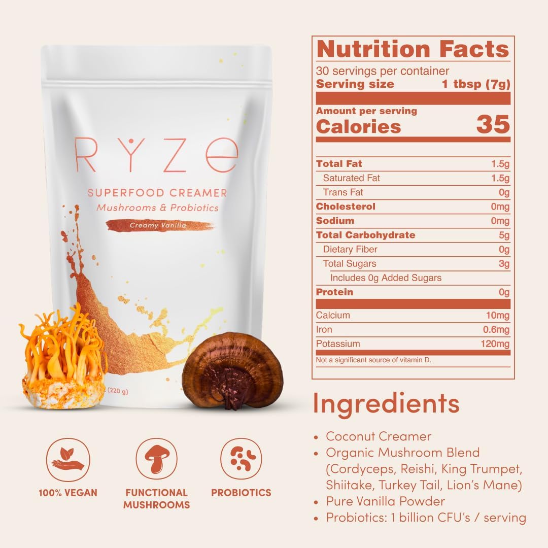 RYZE SUPERFOODS Probiotic Coffee Creamer with 6 Organic Adaptogenic Mushrooms & Probiotics – Gluten Free, USA Grown