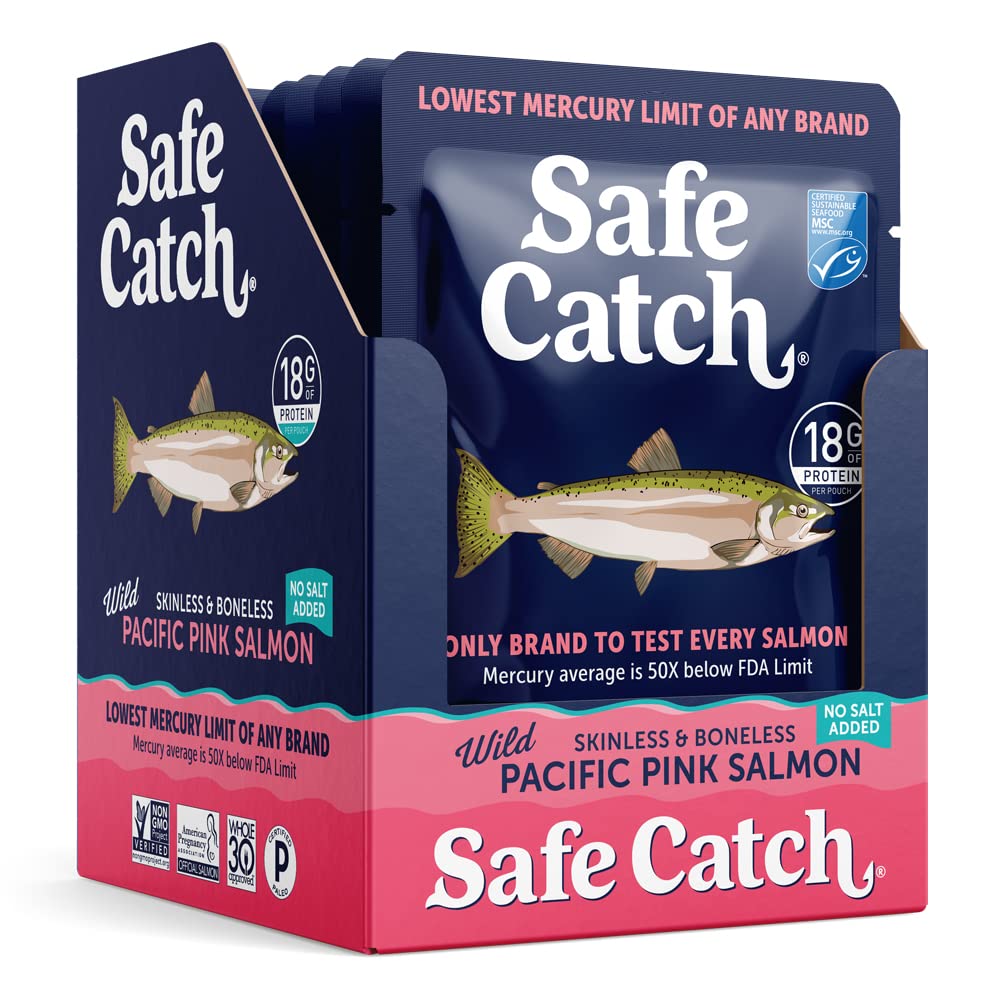 Safe Catch Skinless & Boneless Wild Pacific Pink Salmon Pouch, No Salt Added, Mercury Tested, Kosher, 3oz Pouches, Pack of 12
