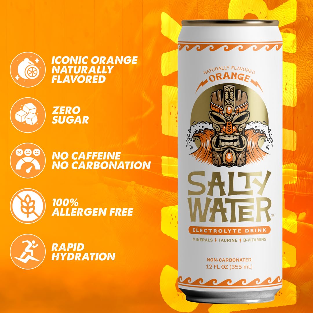 SaltyWater Electrolyte Drink – Orange, Zero Sugar, 10 Calories, 12 oz Can (12 Pack)