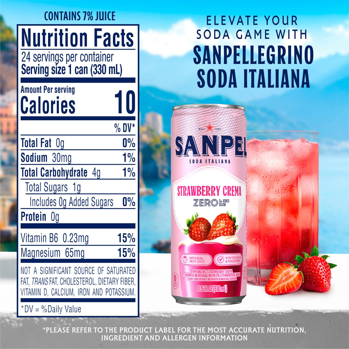 San Pellegrino Soda Italiana Strawberry Crema – 0g Added Sugar, Real Fruit Juice, 24-Pack