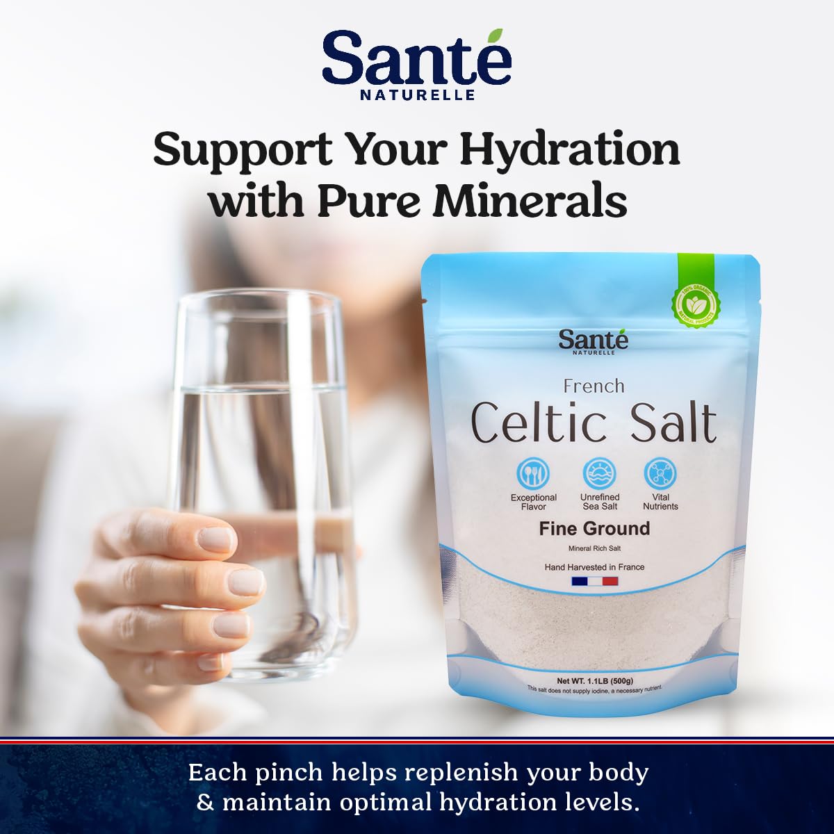 Sante Naturelle Celtic Salt Bundle – Fine Ground & Grey Coarse, 1.1 lb (2x18 oz) Unrefined French Sea Salt