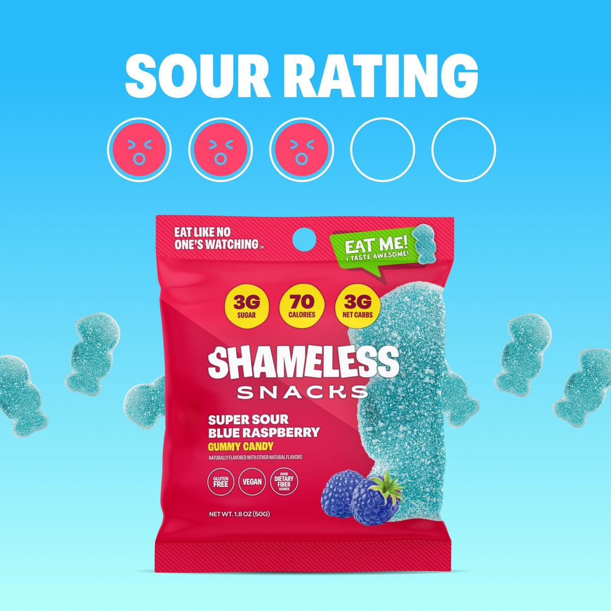 Shameless Snacks Super Sour Blue Raspberry – Keto, Vegan, Gluten Free Sour Gummies & Fruit Snacks