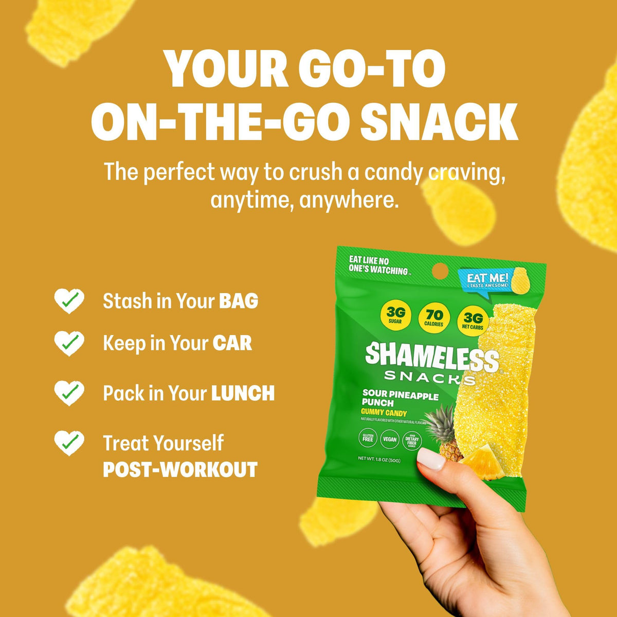 Shameless Sour Pineapple Punch Gummies – Keto, Gluten Free, Vegan, 3g Sugar, 70 Calories per Bag