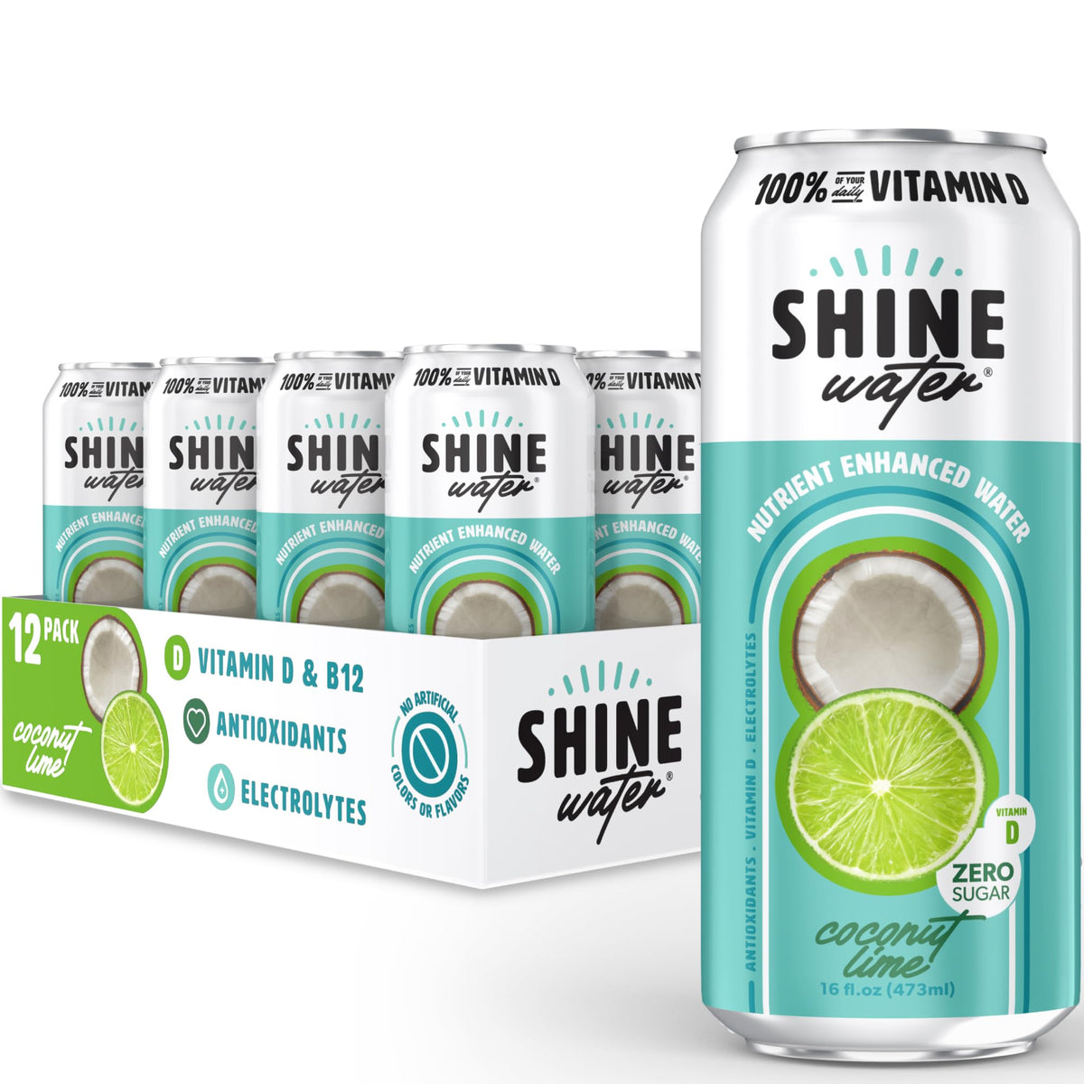 ShineWater Coconut Lime Vitamin D Electrolyte Drinks 12-Pack – Zero Sugar & Low Calorie Hydration
