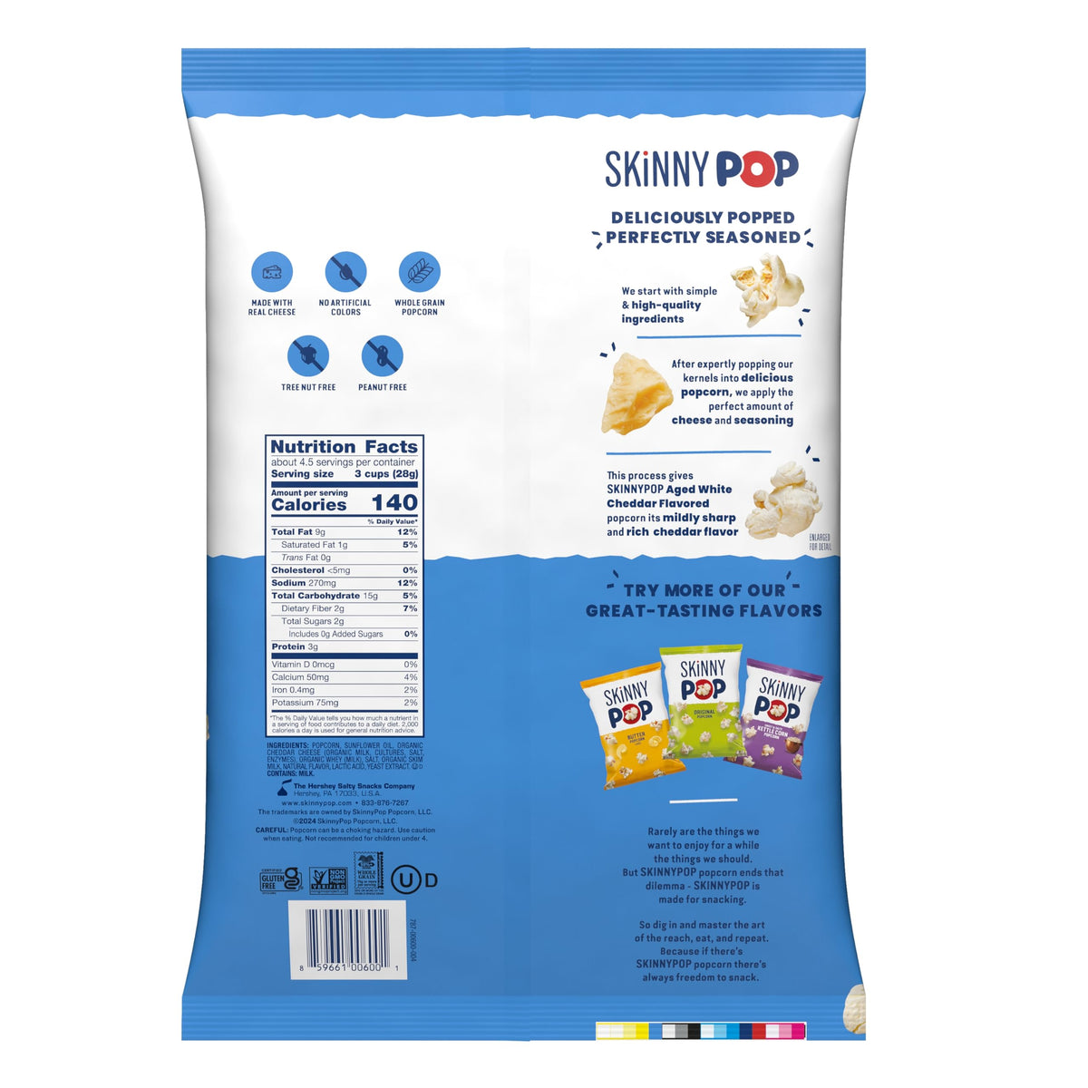 SkinnyPop Aged White Cheddar Popcorn – Real Cheese, Whole Grain Snack, 4.4oz Bags (12ct)