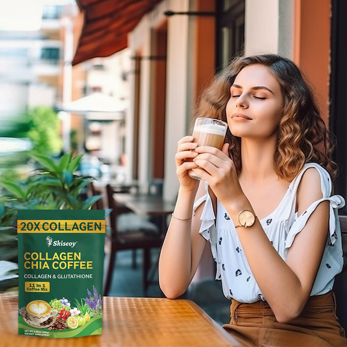 Skiseoy 20x Collagen Chia Coffee – 11-in-1 Blend with Collagen & Chia, L-Glutathione, 45 Servings