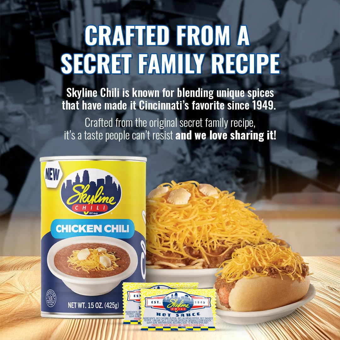 Skyline Chicken Chili Bundle - 4x15 oz Cans + 8 Hot Sauce Packets