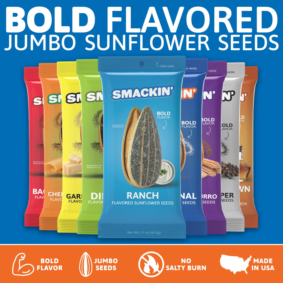 SMACKIN' Sunflower Seeds – No Salty Burn, Jumbo Roasted, 10 Flavor Variety | USA Made 1.5oz Bags