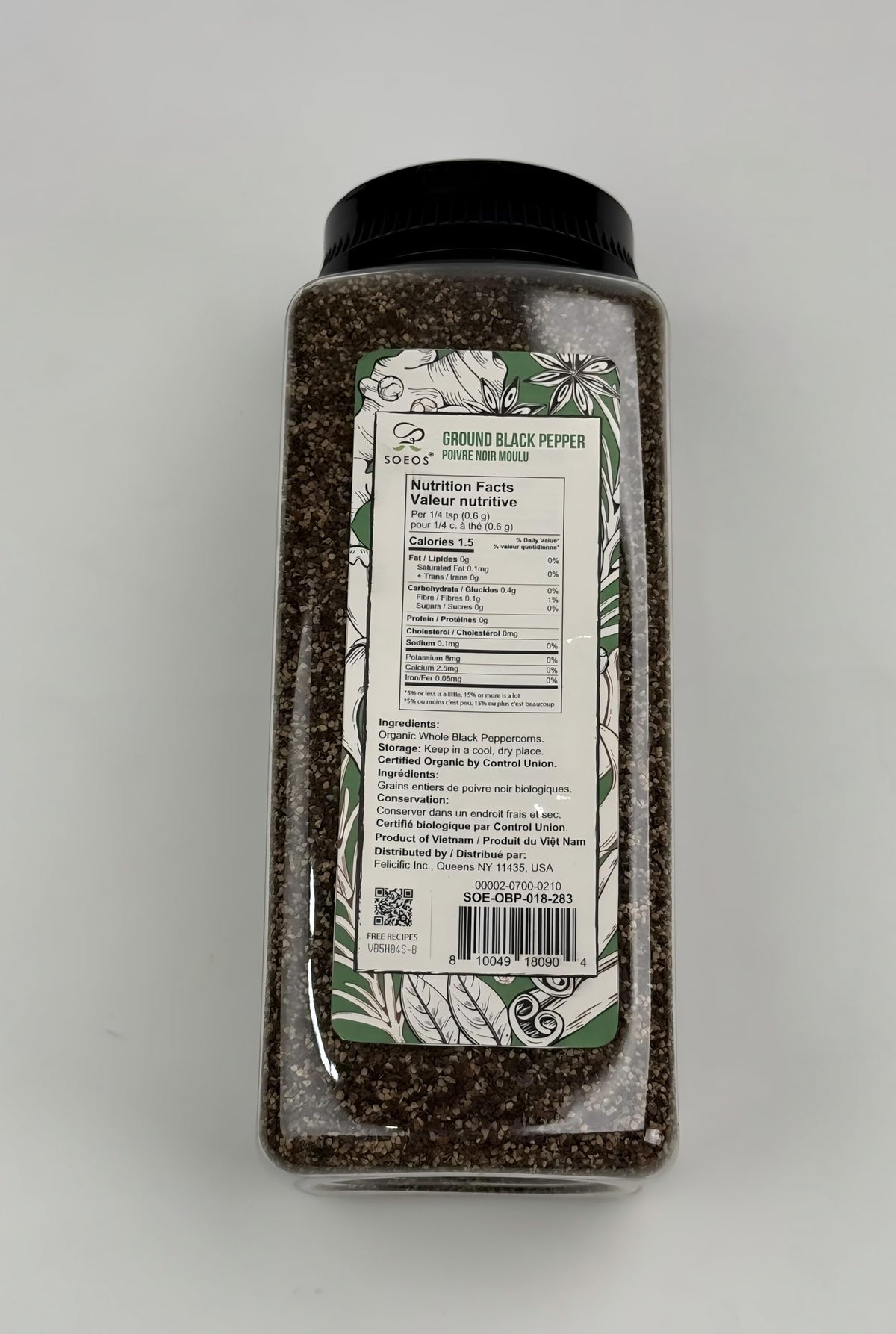 Soeos Organic Ground Black Pepper – Fresh, Non-GMO, 18 oz Bulk, Sealed for Freshness