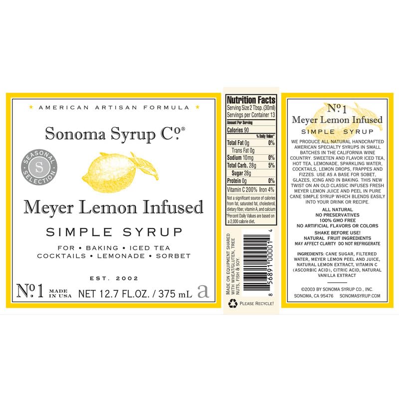 Sonoma Syrup Co. Meyer Lemon Infused Simple Syrup 12.7 fl oz | For Coffee, Cocktails & Cooking | Hand Crafted in the USA