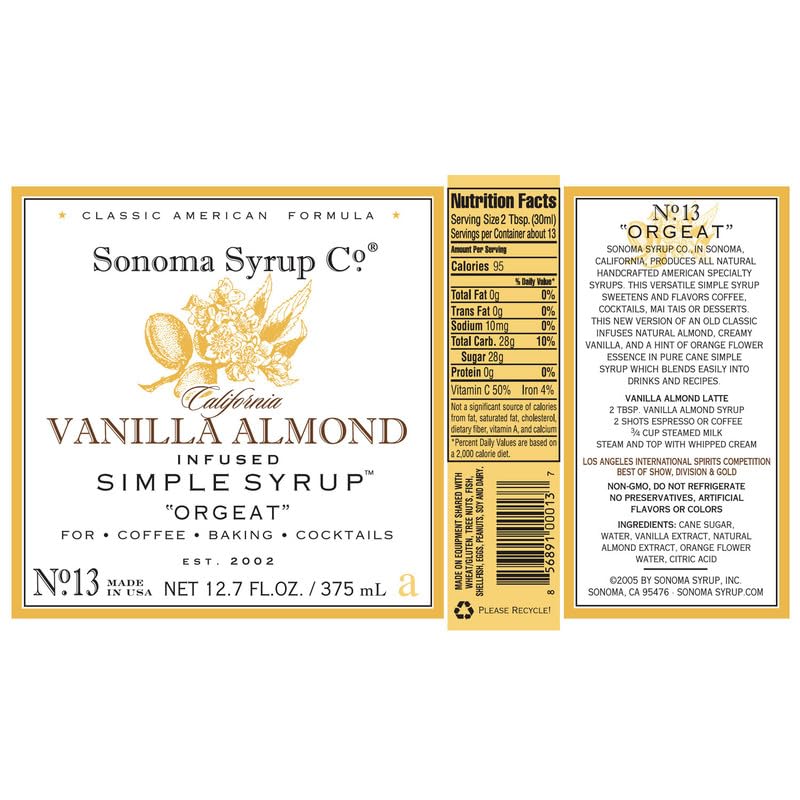 Sonoma Syrup Co Vanilla Almond Infused Simple Syrup 12.7 fl oz – Cocktails, Tea & Baking