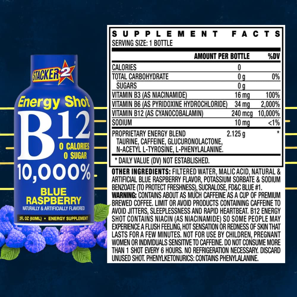Stacker 2 Blue Raspberry B12 Energy Shot, 2 oz – Pack of 24