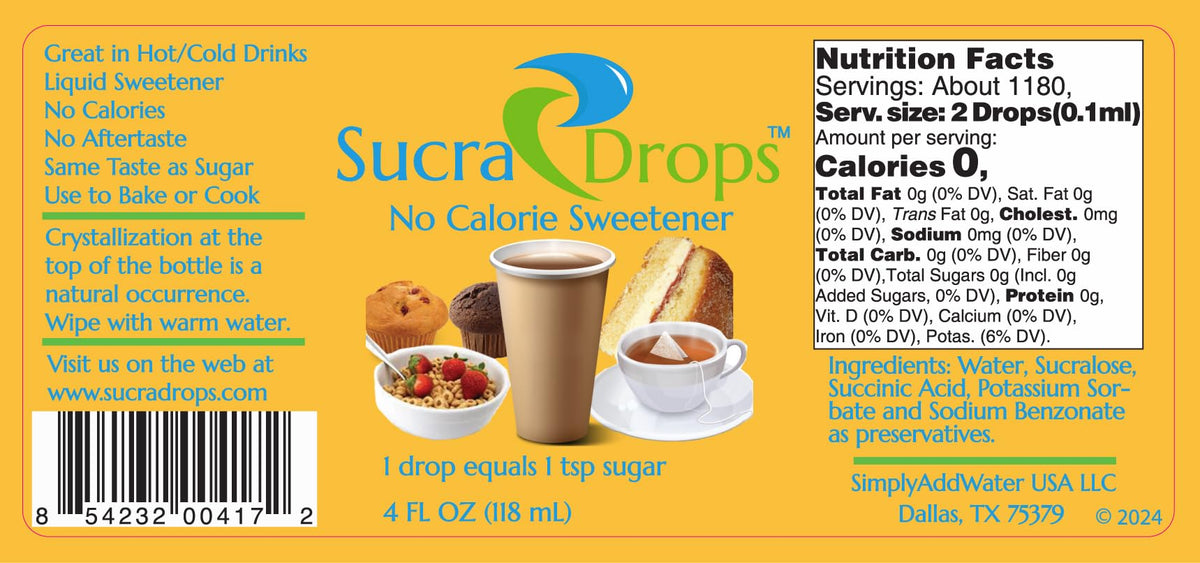 SucraDrops Premium Liquid Sucralose Sweetener — 2 x 4 oz Bottles, 2,360 Drops Total