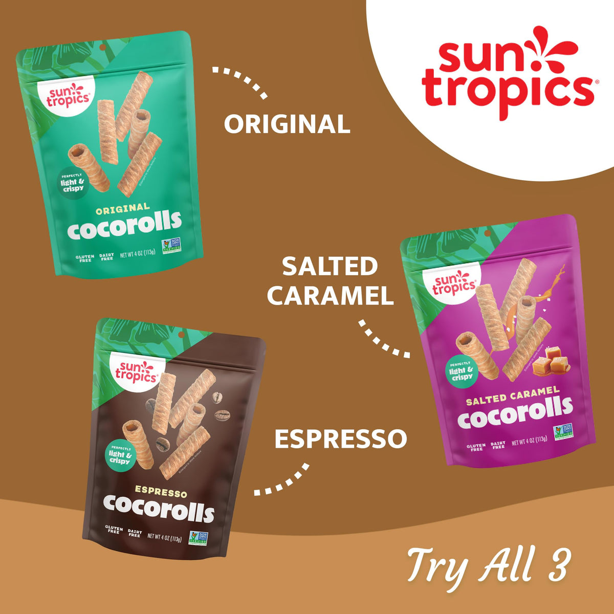 Sun Tropics CocoRolls Salted Caramel – Gluten Free & Dairy Free Coconut Wafer Snack | 6 Count, 4 oz Each