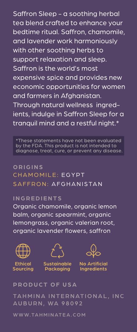 Tahmina Saffron Sleep Tea – Caffeine-Free Chamomile & Lavender with Saffron (36 Cups)